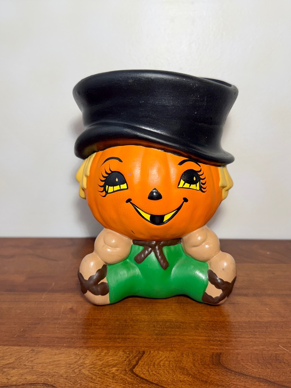 Vintage Halloween Ceramic Hand-painted Pumpkin Scarecrow Planter Vase